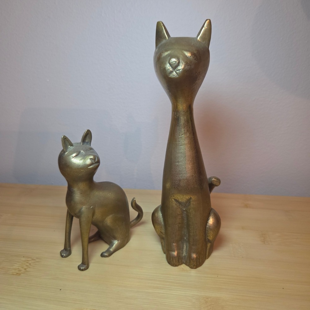 Vintage Mid Century Modern Solid Brass Cat Figurines Set of 2 MCM Decor